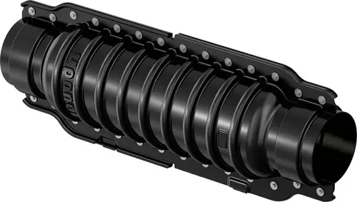 Schwarzes Rohr mit gerillter Oberfläche und Verbindungselementen, hergestellt von Uponor, zur Isolierung. Das Produkt zeigt eine durchgehende, geschlossene Struktur.