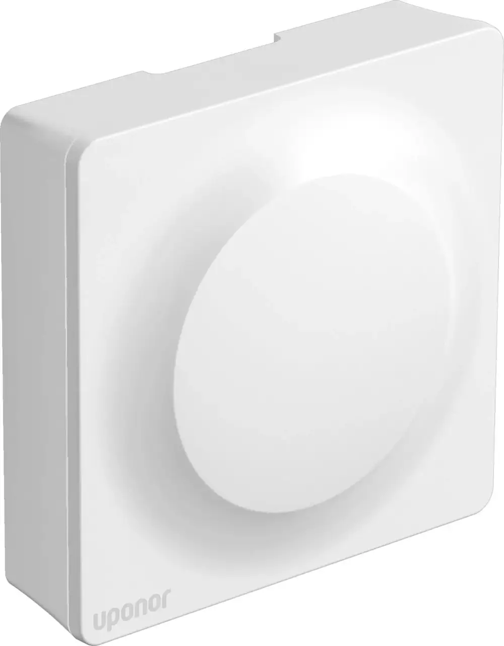 Weißer Raumfühler mit runder Vorderseite, montiert auf einer glatten Fläche. Auf der Seite ist das Logo von Uponor sichtbar.