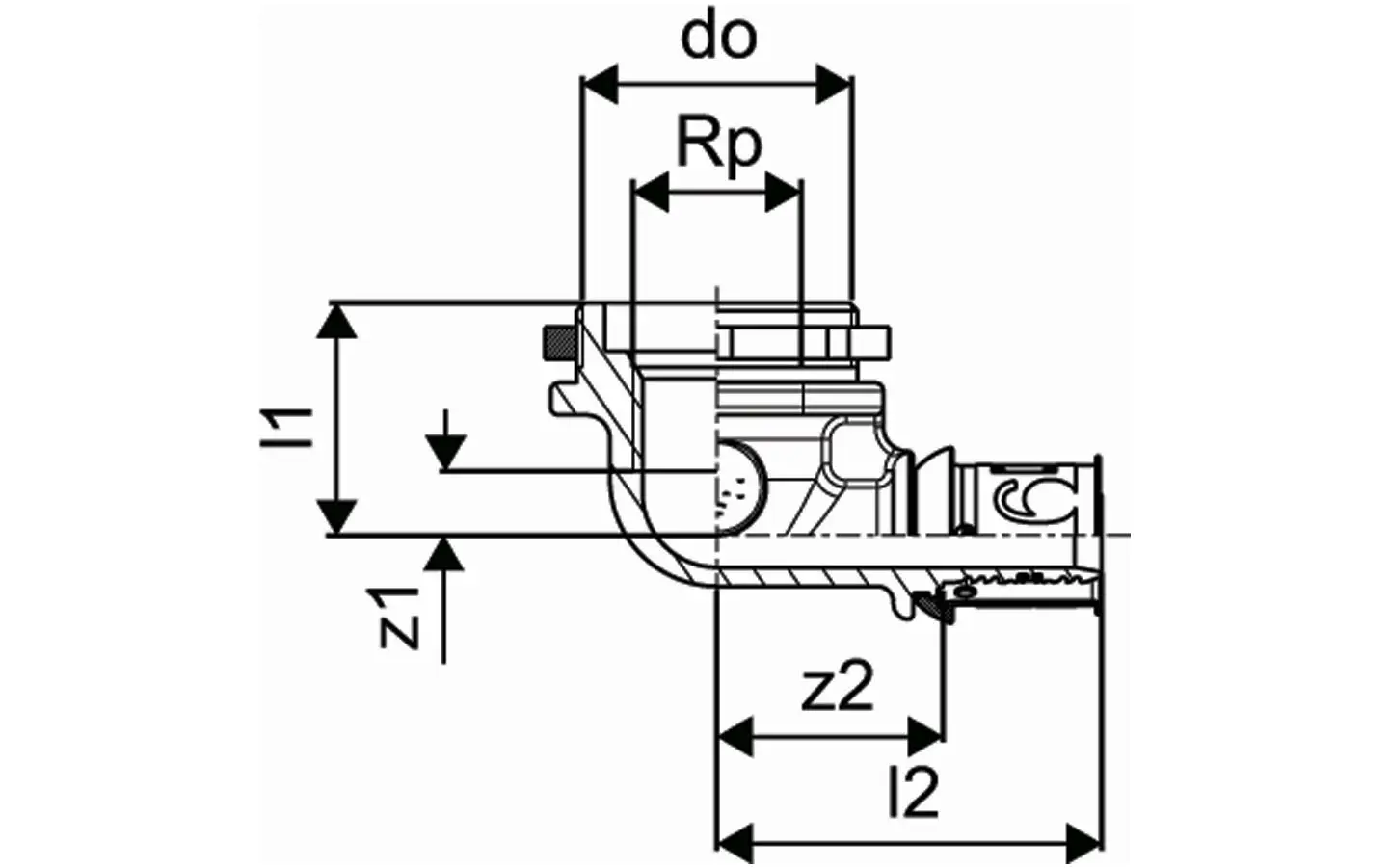 Uponor S-Press PLUS Anschlusswinkel in flacher Ausführung, schematische Darstellung mit Maßangaben und Anschlussdetails für Rohrsysteme.