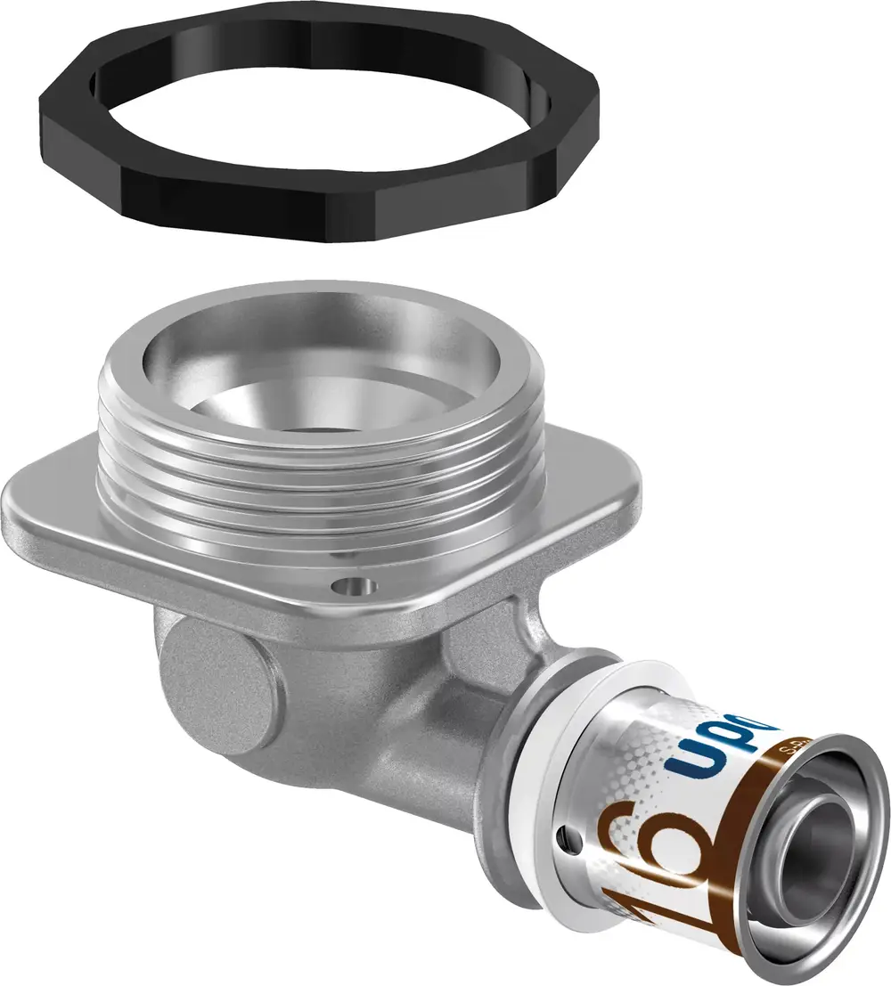 Anschlusswinkel mit einem flachen Design, gefertigt aus Metall, mit Gewinde für die Verbindung. Hersteller ist Uponor.