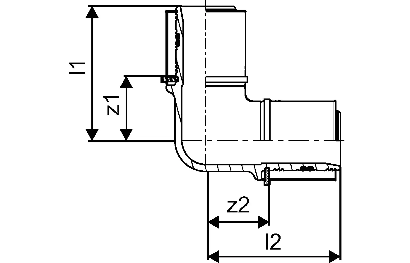Uponor S-Press Winkel mit einer 90-Grad-Biegung und verschiedenen Maßelementen, dargestellt in einer technischen Zeichnung zur Veranschaulichung der gezeichneten Details.
