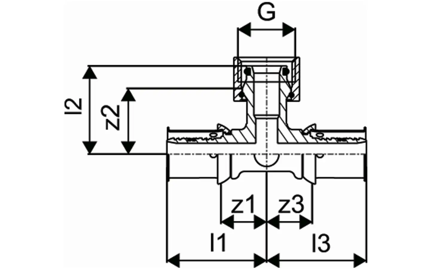 Schematische Darstellung eines S-Press PLUS SK-T-Stücks von Uponor mit dimensionierten Anschlussmöglichkeiten und Fittings für Heizungsinstallationen.