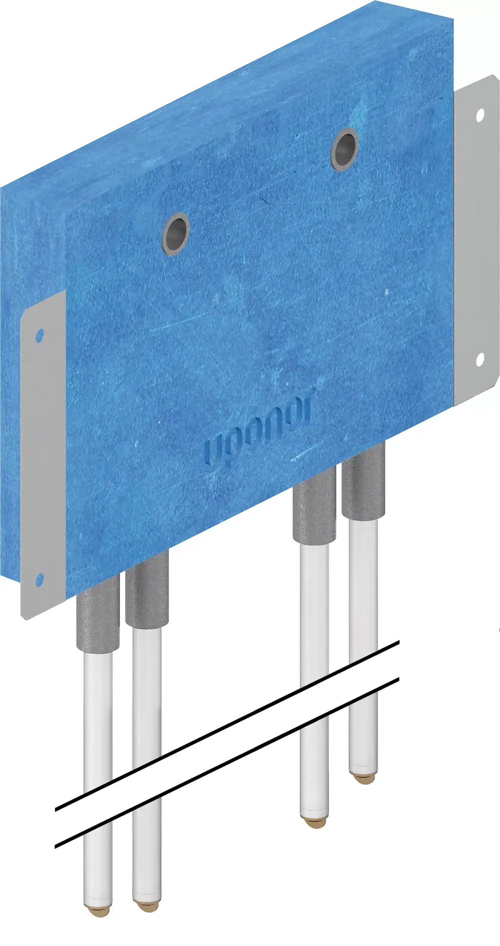 Produkt von Uponor, bestehend aus einem rechteckigen, blauen Element mit mehreren Anschlüssen aus Metall und Kunststoff, das für Wasserinstallationen verwendet wird.