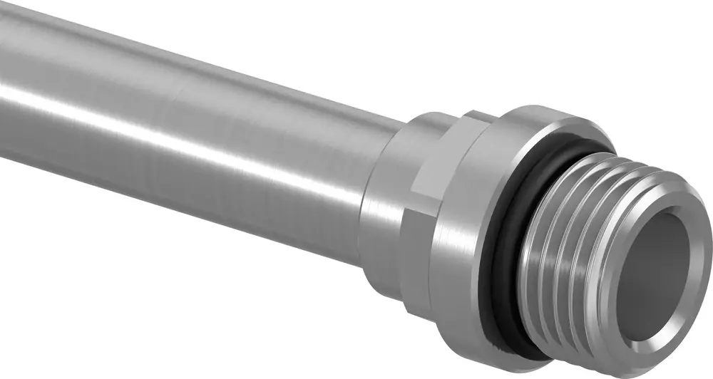 Metallisches Rohr mit Gewinde und Dichtungsring an einem Ende. Teile der Uponor Installationssysteme.
