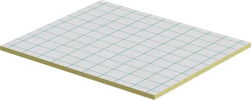 Klett-Panel mit einem graphischen Muster aus blauen Linien auf weißem Hintergrund. Die Unterseite ist aus einem gelben Material gefertigt. Produkt der Marke Uponor.