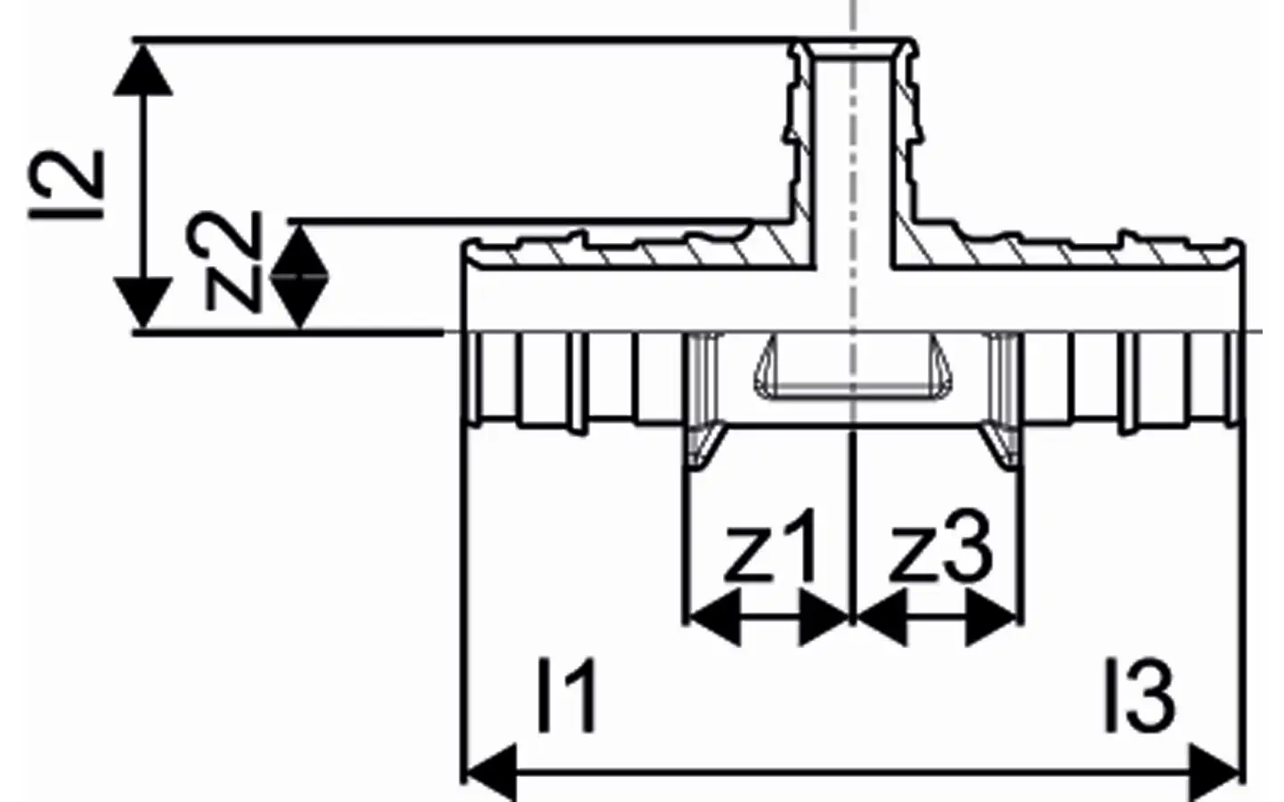 Uponor T-Stück in schematischer Darstellung mit maßlichen Angaben. Enthält Maße für die Längen und Durchmesser des Produkts.