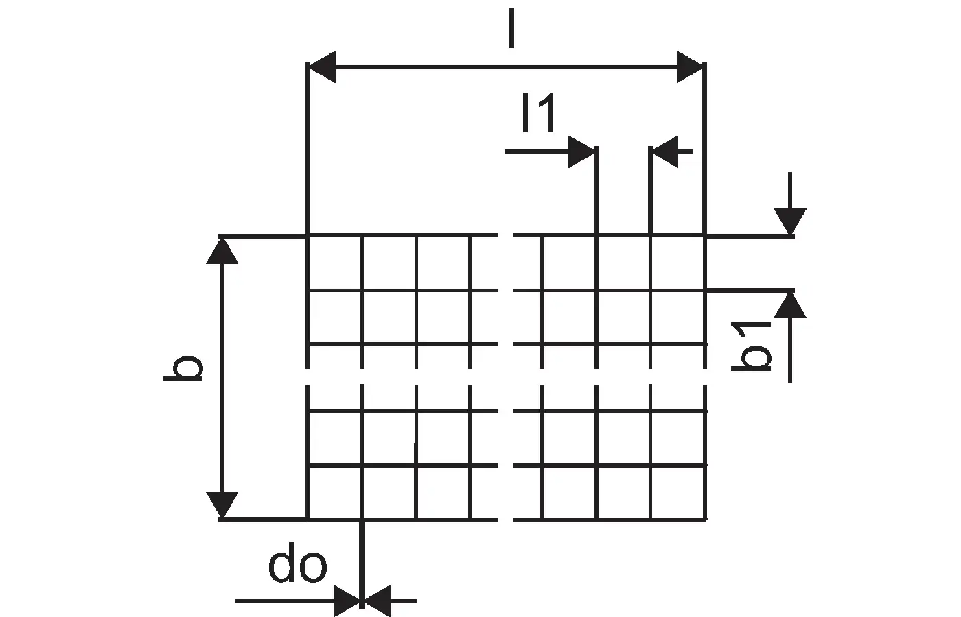 Gitterstruktur einer Stahlmatte mit verschiedenen Abmessungen, dargestellt in einem technischen Diagramm. Marke Uponor ist im Kontext relevant.