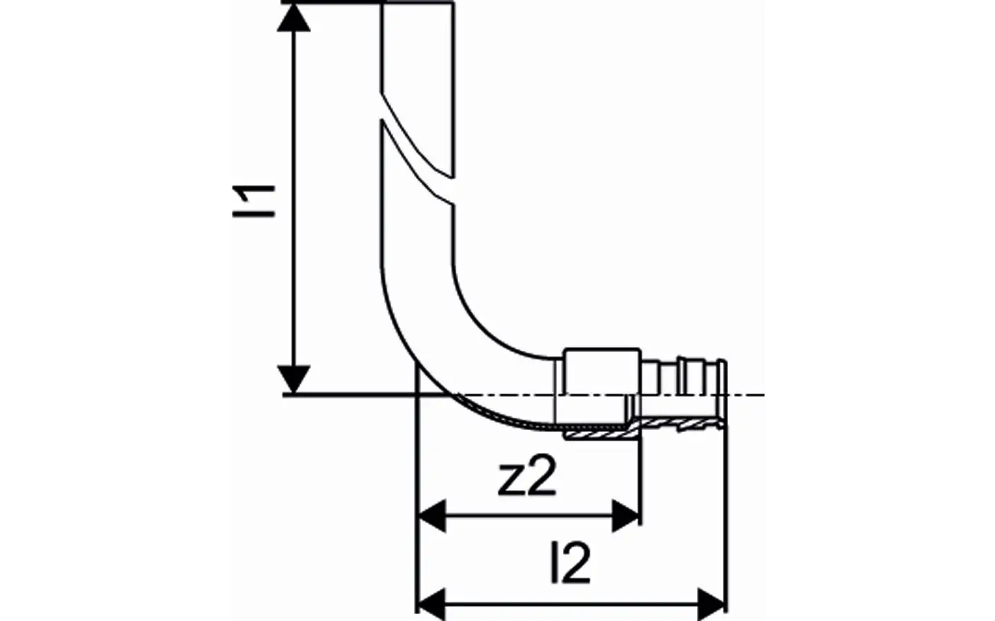 Uponor Rohrbogen mit einer gekrümmten Form, die eine Verbindung zweier Rohrleitungen ermöglicht. Zeichnung zeigt Maße und Anschlussdetails.