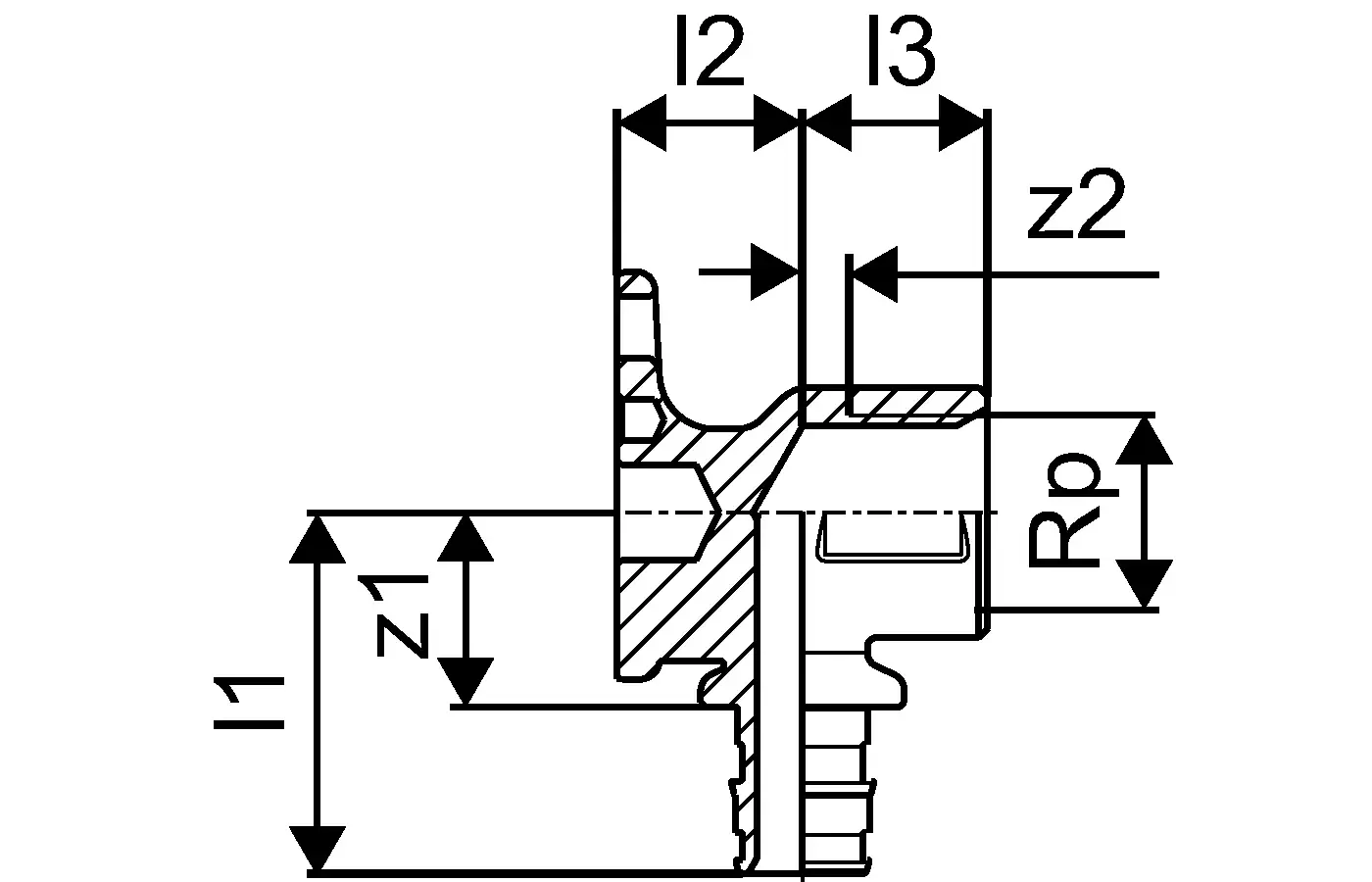 Diagramm einer Wandscheibe mit Rohranschluss und verschiedenen Maßen, typischer Einsatz in Sanitärinstallationen, hergestellt von Uponor.