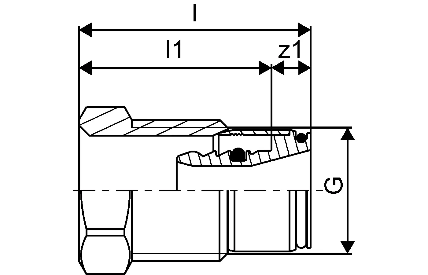 Technisches Diagramm einer Verbindungseinheit mit schematischer Darstellung der Maße. Produkt von Uponor.