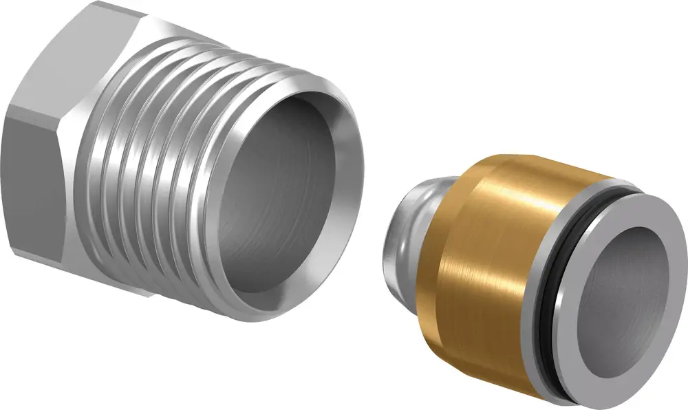 Metallene Anschlussgarnitur mit Gewinde und Dichtungsring, geeignet für Heizsysteme von Uponor. Zwei Teile: ein gerades Stück und eine Verbindung mit Dichtung.