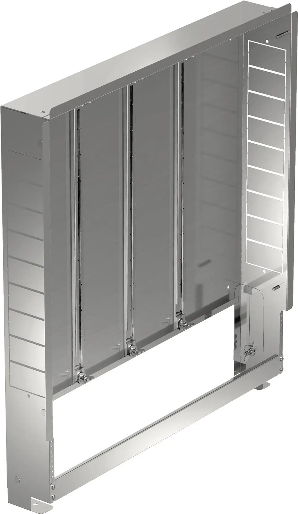 Verteilerschrank aus Metall mit mehreren Fächern und seitlichen Öffnungen, hergestellt von Uponor. Übersichtliches Design für die Verteilung von Heizungsinstallationen.