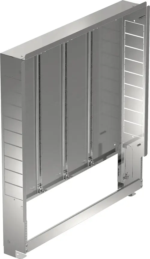 Verteilerschrank aus Metall mit mehreren Fächern und seitlichen Öffnungen, hergestellt von Uponor. Übersichtliches Design für die Verteilung von Heizungsinstallationen.