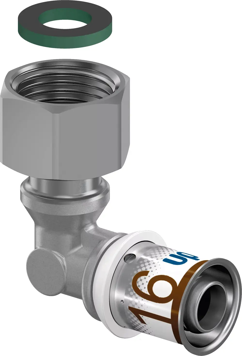 Winkelverschraubung aus Metall mit Anschluss für Rohrleitung und Dichtung. Produkt von Uponor für Verbindungselemente in Heizungs- und Sanitärinstallationen.
