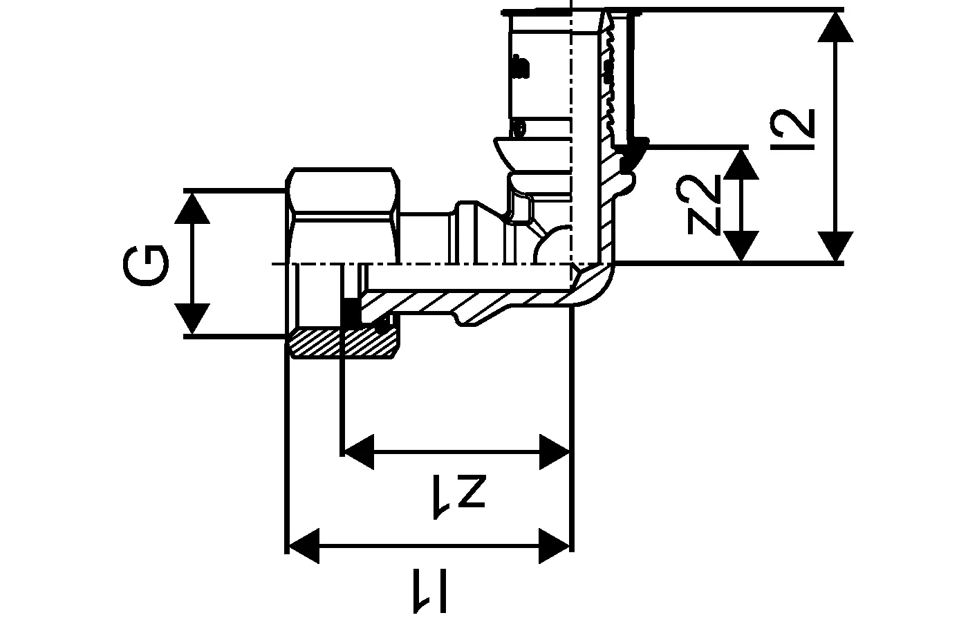 Winkelverschraubung von Uponor mit Innengewinde, grafisch dargestellt, zeigt Dimensionen und Verbindungsstellen. Technisches Zeichnungsdesign für präzise Montage.