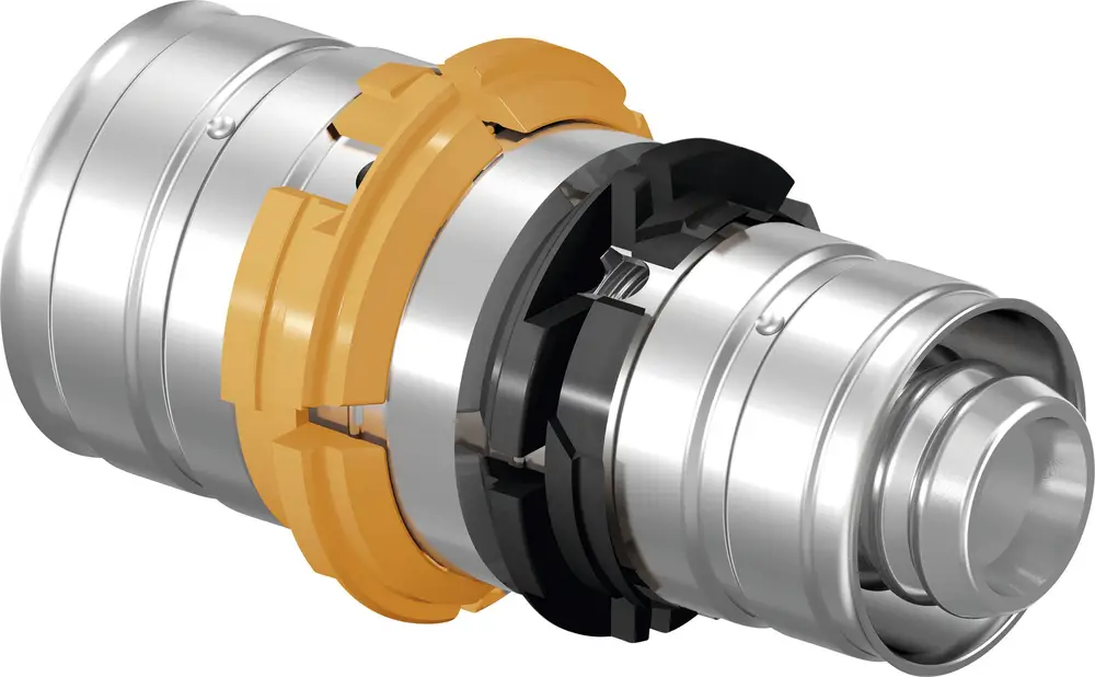 Kupplungsteil von Uponor, aus Metall mit orangefarbener Dichtung. Das Bild zeigt eine detaillierte Ansicht des Verbindungselements für Rohrsysteme.