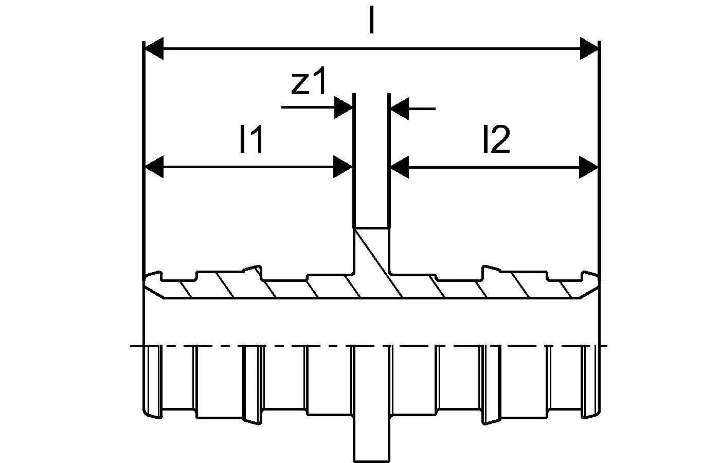 Q&E Kupplung von Uponor mit zwei Anschlüssen, gut sichtbar in Diagrammform, die Details zur Bauform und Dimensionierung zeigt.