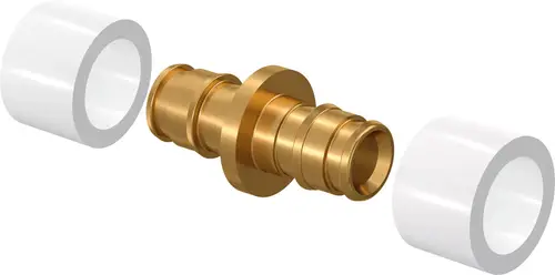 Q&E Kupplung aus Messing mit zwei weißen Ringen an den Enden, verwendet in Verbindungssystemen, erkennbar als Teil von Uponor Produkten.