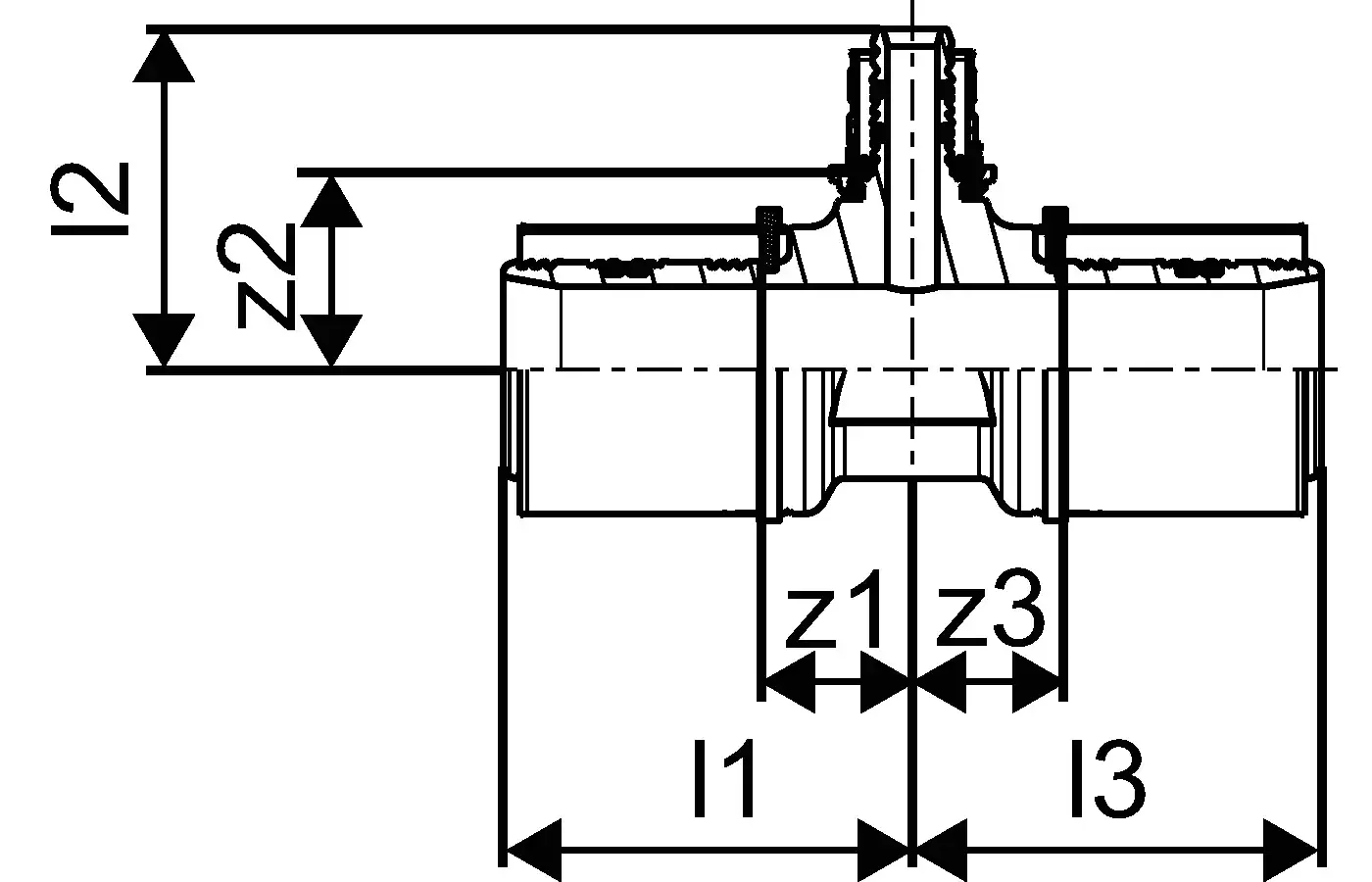 Schemariss eines T-Stücks von Uponor, mit drei Anschlüssen, dargestellt in Seitenansicht. Die Dimensionen und Anschlüsse sind schematisch eingezeichnet.