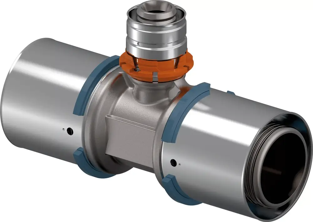 S-Press T-Stück von Uponor mit reduzierten Anschlüssen, umgeben von grauen Dichtungen, für die Verbindung von Rohrleitungen in einem sanitärtechnischen System.