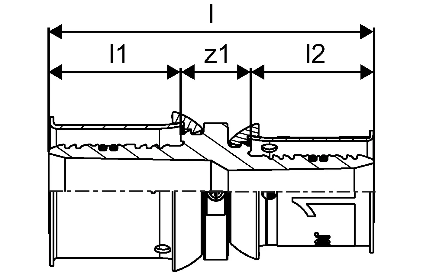 Kupplung von Uponor in schematischer Darstellung, bestehend aus zwei Teilen mit verschiedenen Längen, zur Verbindung von Rohrleitungen in Sanitärinstallationen.