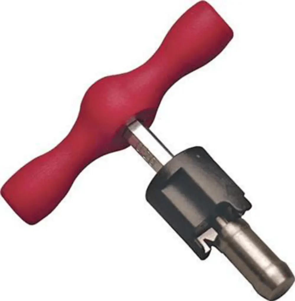 Roter Handgriff mit T-Form, verbunden mit einer metallischen Klinge. Produkt von Uponor, verwendet zum Entgraten von Rohren oder ähnlichen Materialien.