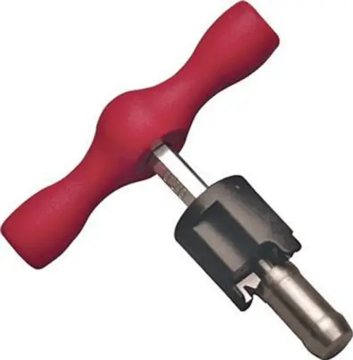 Roter Handgriff mit T-Form, verbunden mit einer metallischen Klinge. Produkt von Uponor, verwendet zum Entgraten von Rohren oder ähnlichen Materialien.