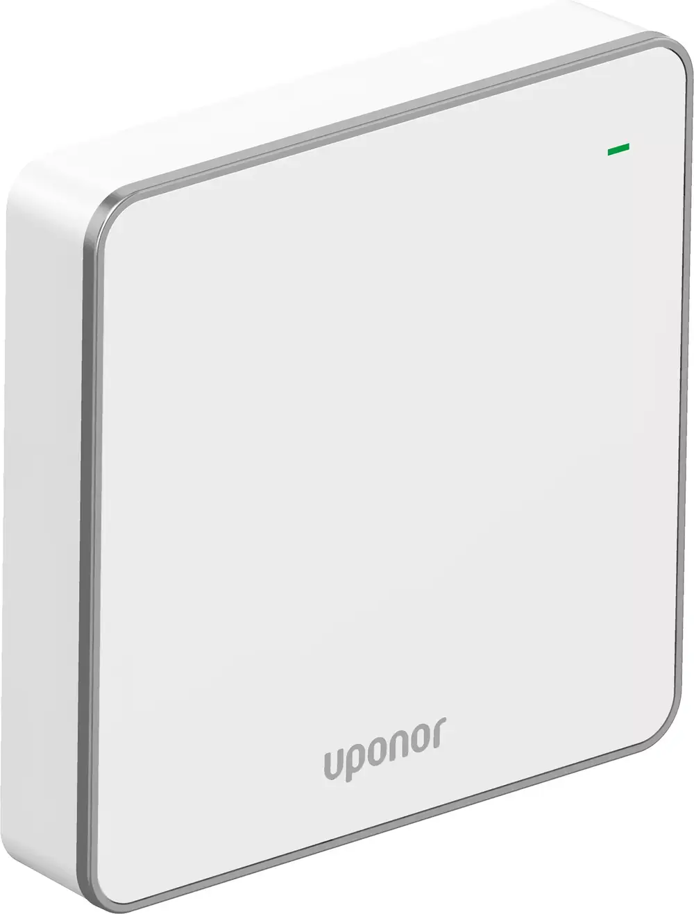 Weißes, quadratisches Gerät mit abgerundeten Ecken und grünem Indikatorlich, beschriftet mit "uponor". Design mit schlichten Linien und minimalistischem Stil.