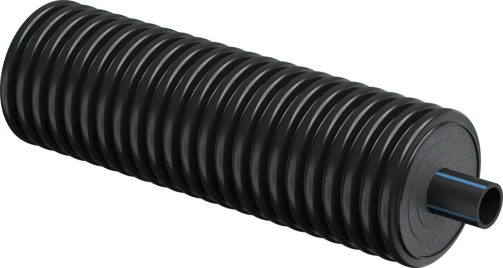 Schwarzes, gerilltes Rohr mit einer Öffnung an einem Ende. Es handelt sich um ein Produkt von Uponor, wahrscheinlich für Installations- oder Bauanwendungen.
