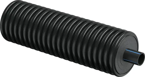 Schwarzes, gerilltes Rohr mit einer Öffnung an einem Ende. Es handelt sich um ein Produkt von Uponor, wahrscheinlich für Installations- oder Bauanwendungen.