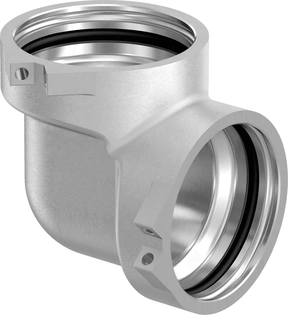 Winkelstück aus Metall mit zwei Öffnungen und Dichtungen, hergestellt von Uponor. Verbindet Rohrleitungen in einer bestimmten Richtung.