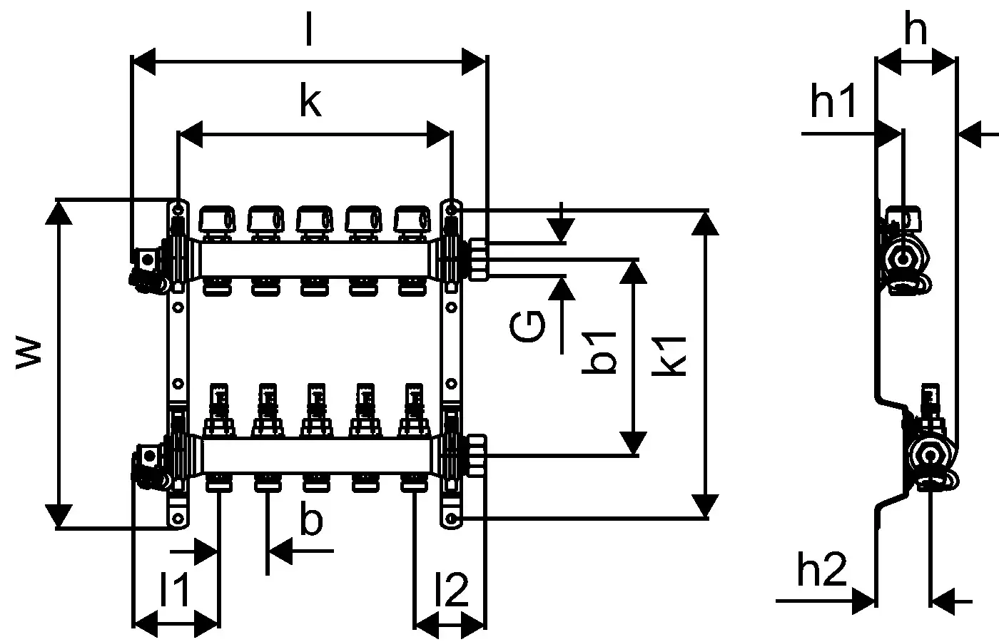 Vario S S-Verteiler von Uponor mit mehreren Anschlussmöglichkeiten, schematische Darstellung der Maße und Anschlusspositionen in technischer Ansicht.