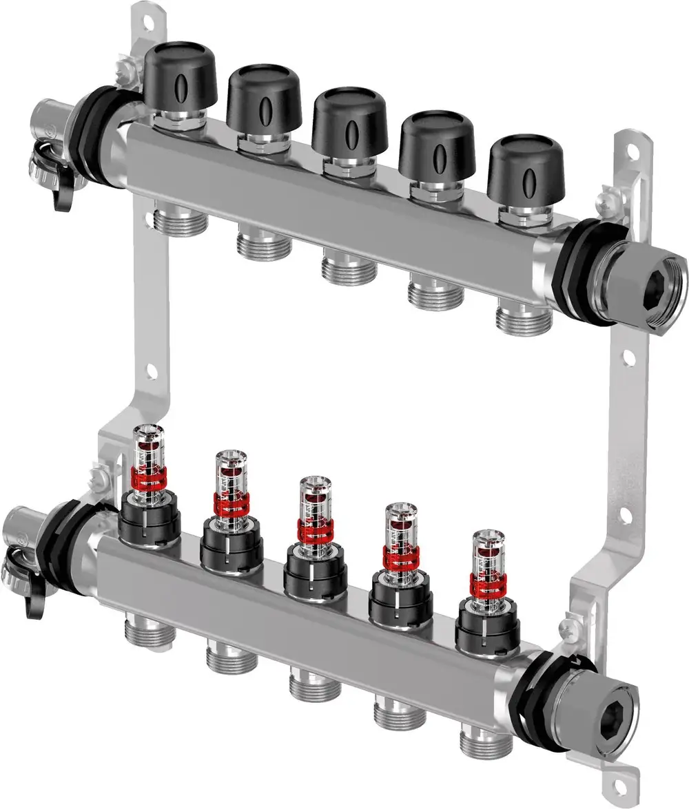 Verteiler von Uponor mit mehreren Anschlüssen und Ventilen für die Verteilung von Heizungs- oder Wasserleitungen. Komponenten sind aus Metall mit schwarzen Knöpfen.