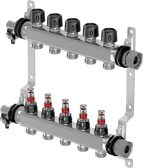 Verteiler von Uponor mit mehreren Anschlüssen und Ventilen für die Verteilung von Heizungs- oder Wasserleitungen. Komponenten sind aus Metall mit schwarzen Knöpfen.