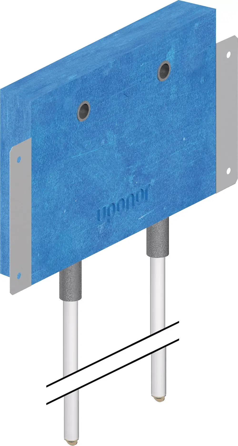 Blaues Element mit zwei Rohren, das von Uponor stammt, zur Verwendung in Sanitärinstallationen. Die Montageplatten sind seitlich angebracht.