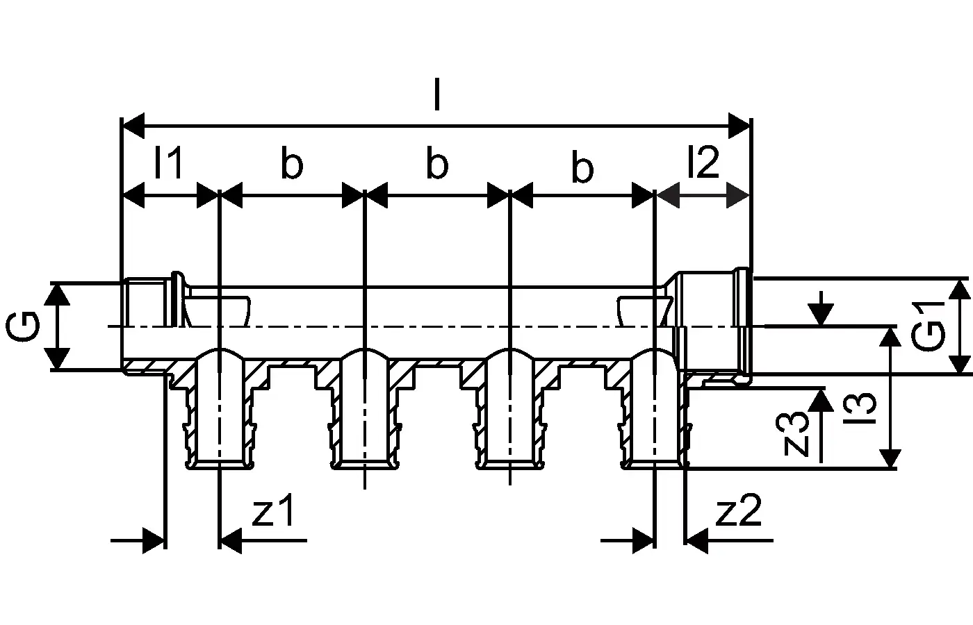 Verteiler von Uponor mit mehreren Anschlüssen. Das Produkt zeigt eine horizontale Anordnung und verschiedene Dimensionen für Verbindungen.