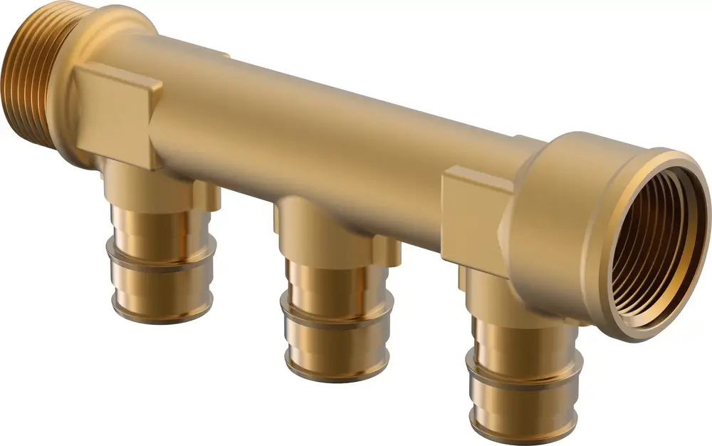 Verteiler von Uponor mit mehreren Anschlüssen, bestehend aus einem Hauptrohr mit zwei seitlichen Anschlüssen und einem Endanschluss, geeignet für Rohrinstallationen.