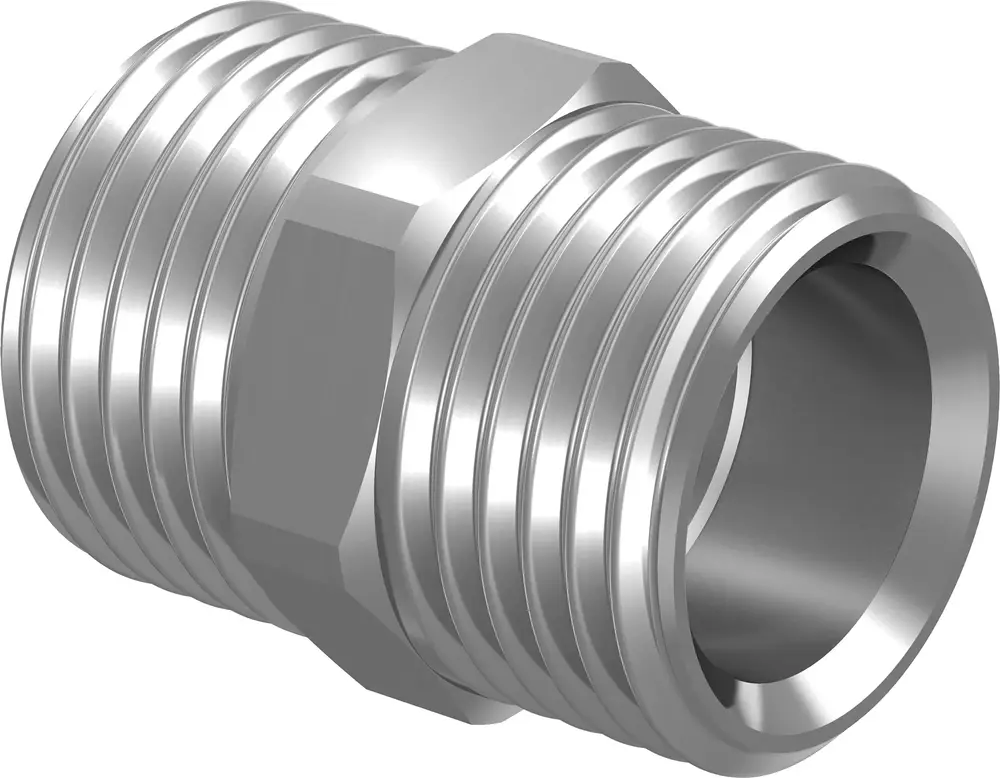 Metallischer Doppelnippel von Uponor mit geripptem Gewinde zur Verbindung von Rohrleitungen. Die Enden sind rund und glatt für eine einfache Montage.