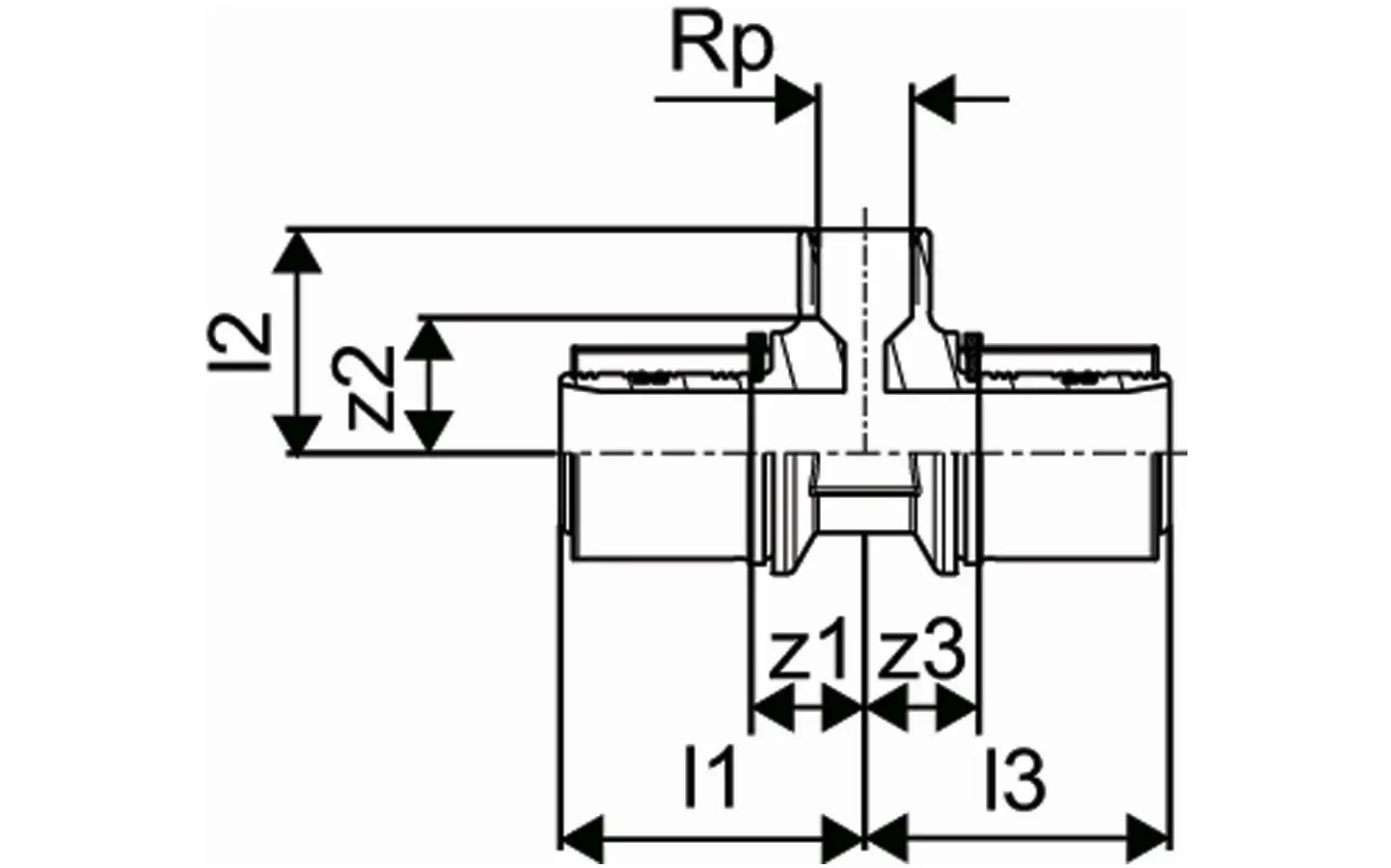 Schematische Darstellung eines T-Stücks mit Innengewinde, hergestellt von Uponor. Das Produkt zeigt verschiedene Maße und Anschlussmöglichkeiten für Rohrleitungen.