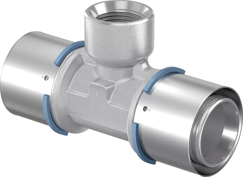 T-Stück aus Metall mit Innengewinde, hergestellt von Uponor. Das Produkt zeigt zwei seitliche Anschlüsse und einen zentralen Anschluss, geeignet für Rohrverbindungen.