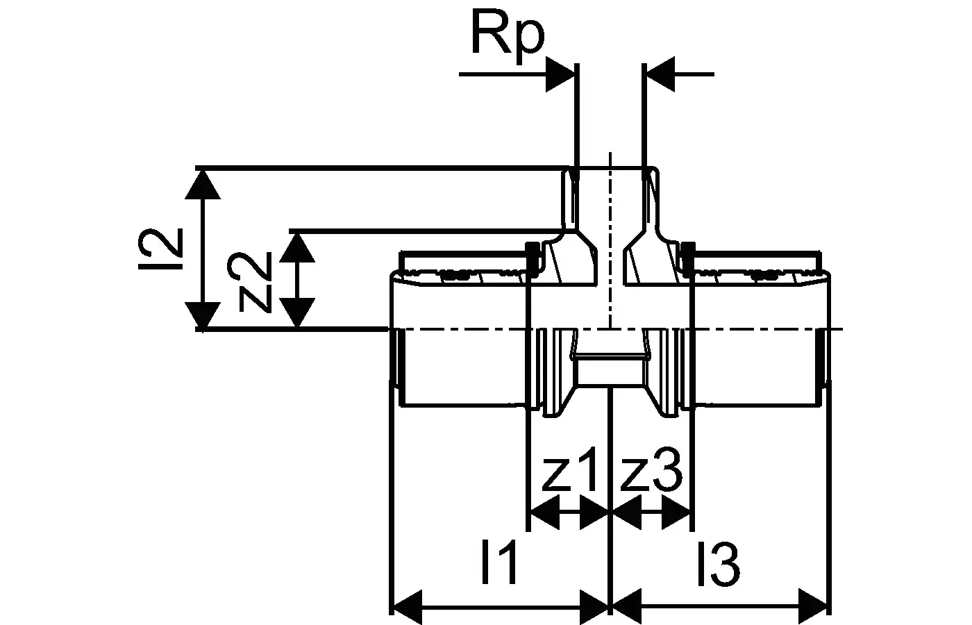 Uponor S-Press T-Stück mit Innengewinde, dargestellt in technischer Zeichnung. Maße und Details sind schematisch aufgeführt.