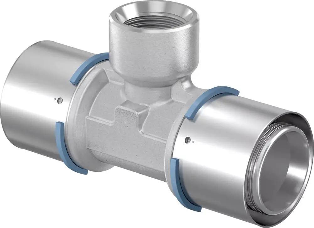 S-Press T-Stück mit Innengewinde von Uponor. Das Produkt hat ein zentrales Innengewinde und zwei Anschlüsse für Rohrleitungen. Robust und für Installationen geeignet.