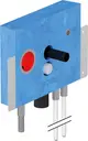 Uponor Produkt mit blauer Oberfläche und verschiedenen Anschlüssen, darunter eine rote Öffnung, ein verstellbarer Regler und mehrere Rohre für die Installation.