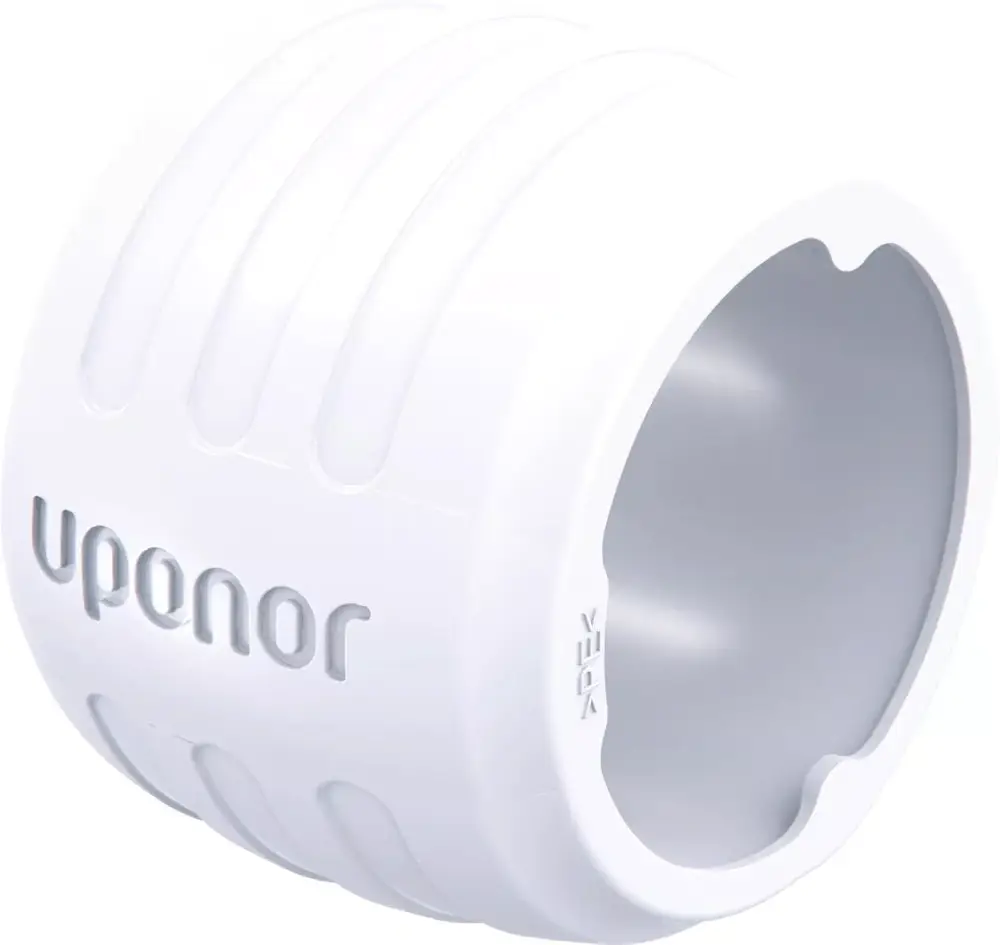 Weißer Sicherungsring mit der Marke Uponor, runde Form und gerillte Oberfläche, geeignet für Anwendungen im Bereich Sanitär- und Heiztechnik.