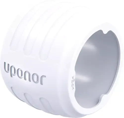 Weißer Sicherungsring mit der Marke Uponor, runde Form und gerillte Oberfläche, geeignet für Anwendungen im Bereich Sanitär- und Heiztechnik.