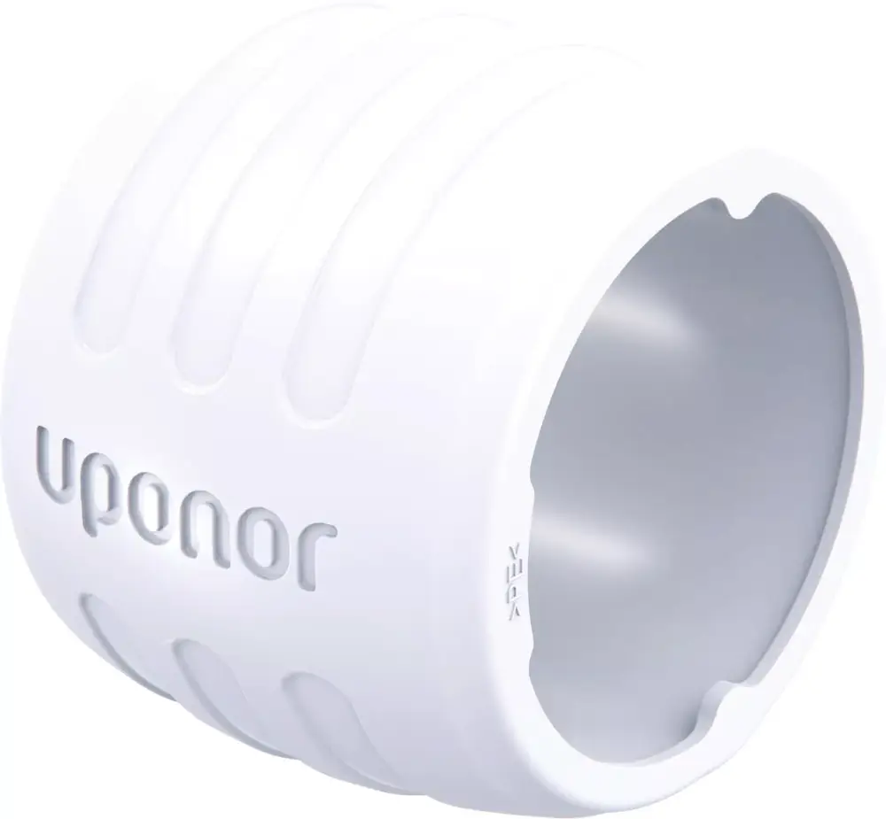 Weißer Sicherungsring von Uponor, mit gerillter Oberfläche und einer runden Öffnung. Geeignet für Verbindungen in Rohrsystemen.