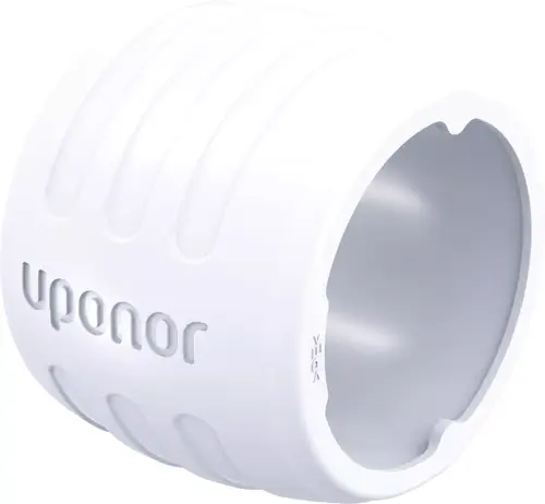 Weißer Sicherungsring von Uponor, mit gerillter Oberfläche und einer runden Öffnung. Geeignet für Verbindungen in Rohrsystemen.