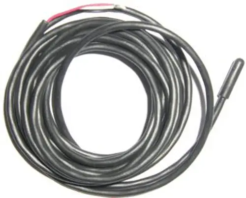 Schwarzes Kabel mit einem Sensor an einem Ende, möglicherweise ein Temperaturfühler von Uponor, geeignet für die Verwendung in Heizungs- oder Klimatechniksystemen.