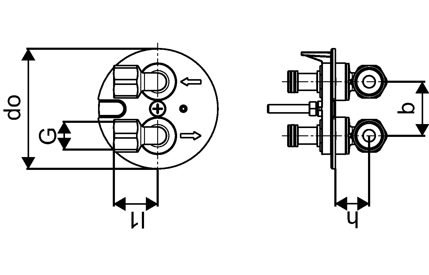 Technische Zeichnung eines Adapters mit seitlichen Anschlüssen. Markenlogo "Uponor" sichtbar. Maße und Details zu Löchern und Gewinden sind schematisch dargestellt.