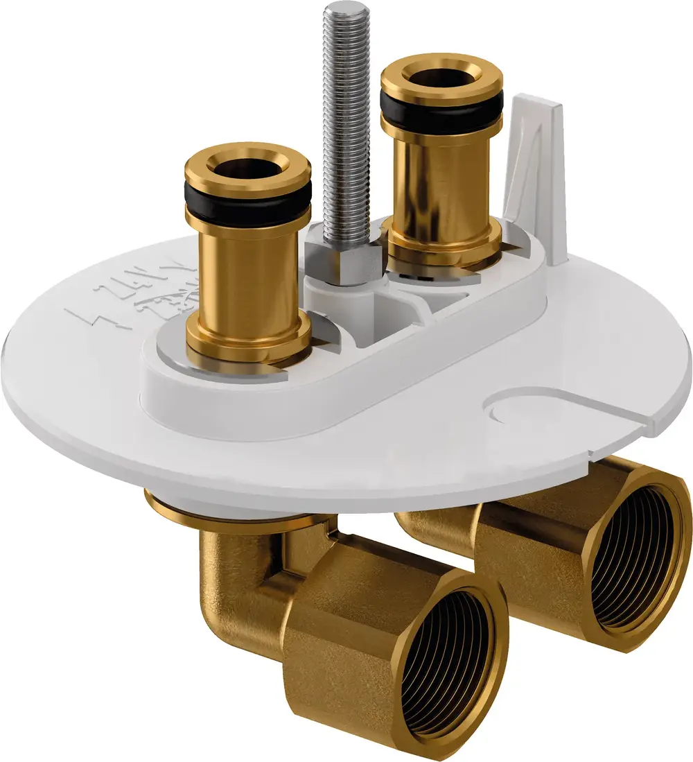Contec Adapterstecker T2 von Uponor mit zwei goldfarbenen Anschlüssen und einer weißen Montageplatte. Geeignet für Wasseranschlüsse.